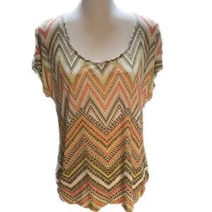 Chico's Popover Chevron Drop Shoulder Top Women 2/L Pink Orange Gray White